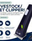 Professional Livestock Clippers for Grooming, Lightweight, Powerful Due to Our Innovative Brushless Motor, Thick Coats Trimmer for Sheep, Horses, Pigs, Farm Animals and Large and XL Dogs (Rescued) - My Pet Command