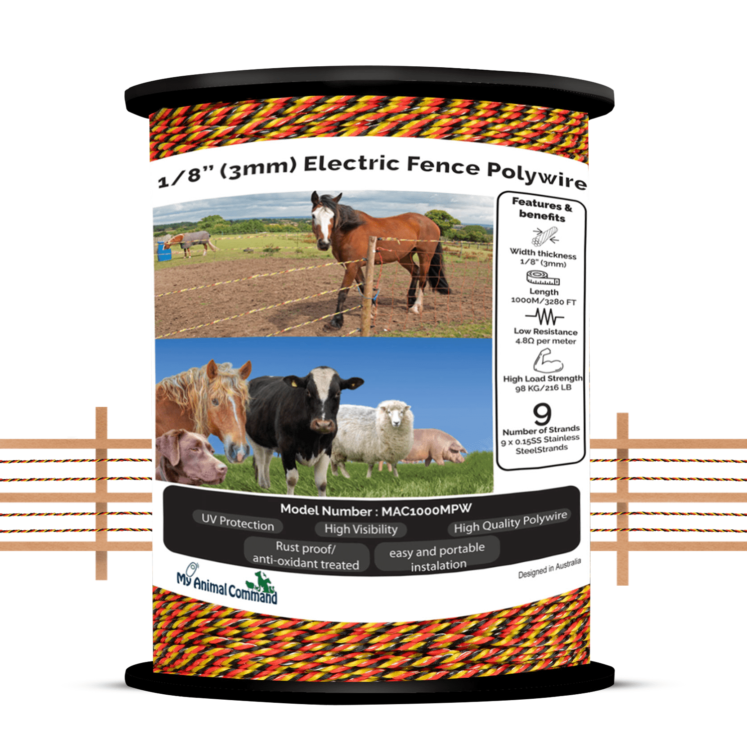 1/8” Thick Polywire Electric Fence 3280 Feet/1000m Length for containment of Livestock, Pets Animals