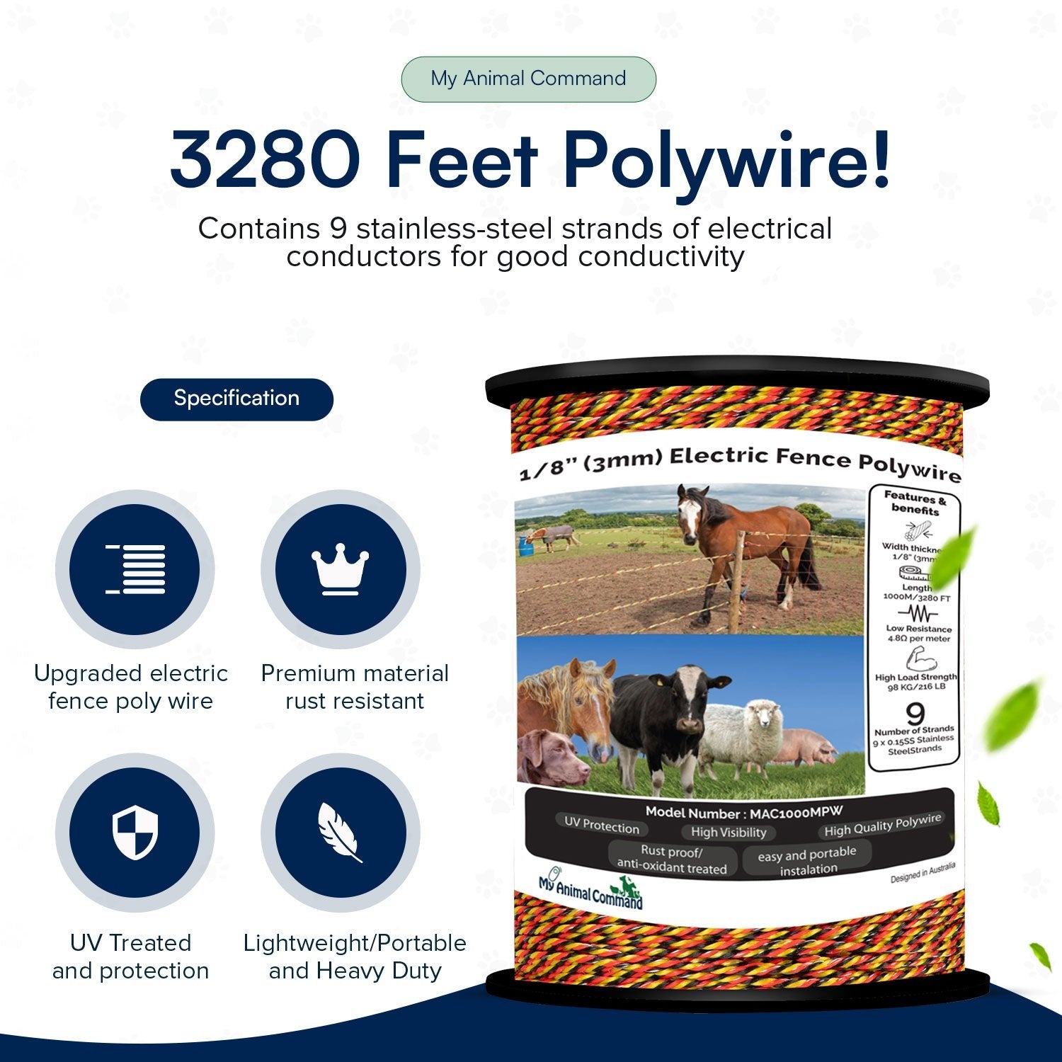 1/8” Thick Polywire Electric Fence 3280 Feet/1000m Length for Containment of Livestock, Pets Animals