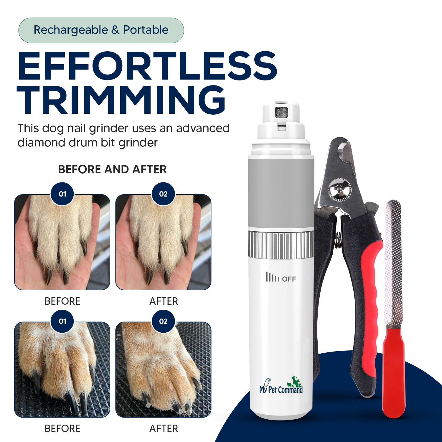 My Pet Command Cordless Dog Nail Grinder Low Noise for Dogs and Cats, Variable Speed Rechargeable - My Pet Command