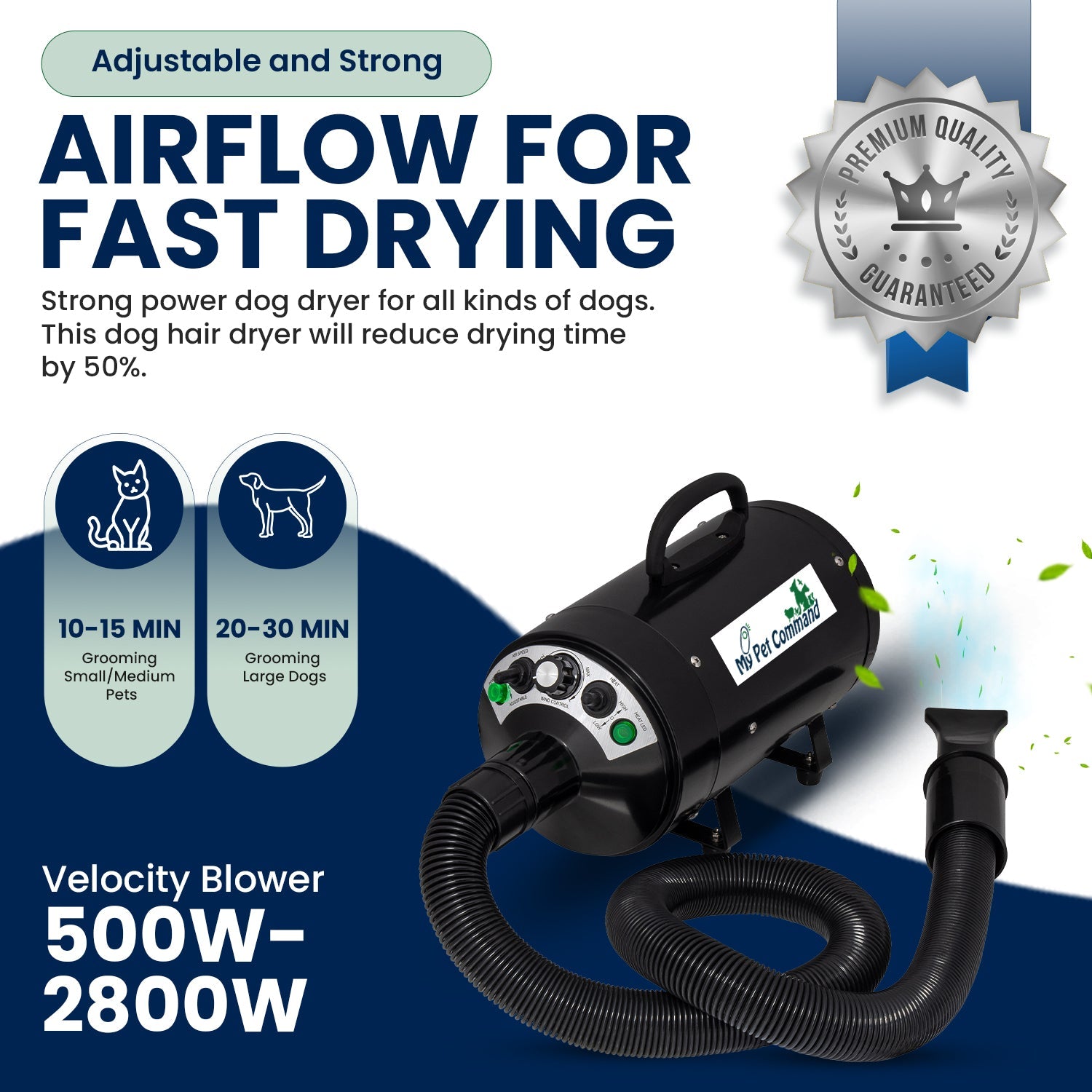 My Pet Command Dog Dryer Blower, Ultra Quiet, Professional High Velocity Blower Adjustable Hot and Cold Airflow - My Pet Command