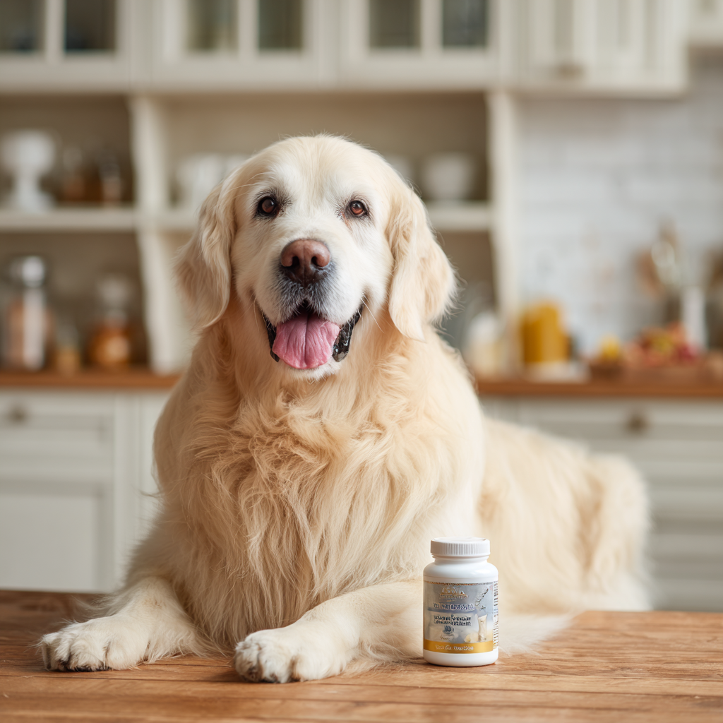 Golden Retriever sitting beside a probiotic supplement bottle on a kitchen table, illustrating probiotics for dogs and their role in supporting gut health, digestion, and immune function.