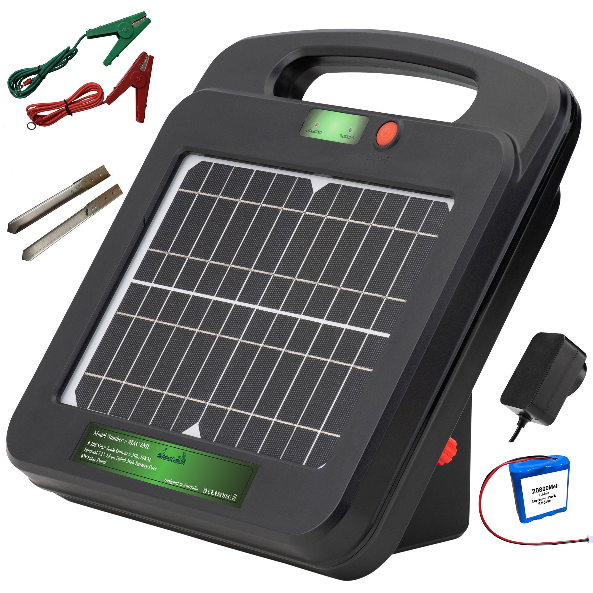 Portable Solar Powered Energiser Charger for Electric Fence 2/3/6 Mile 0.2/0.25/0.5 Joules (9-11KV)