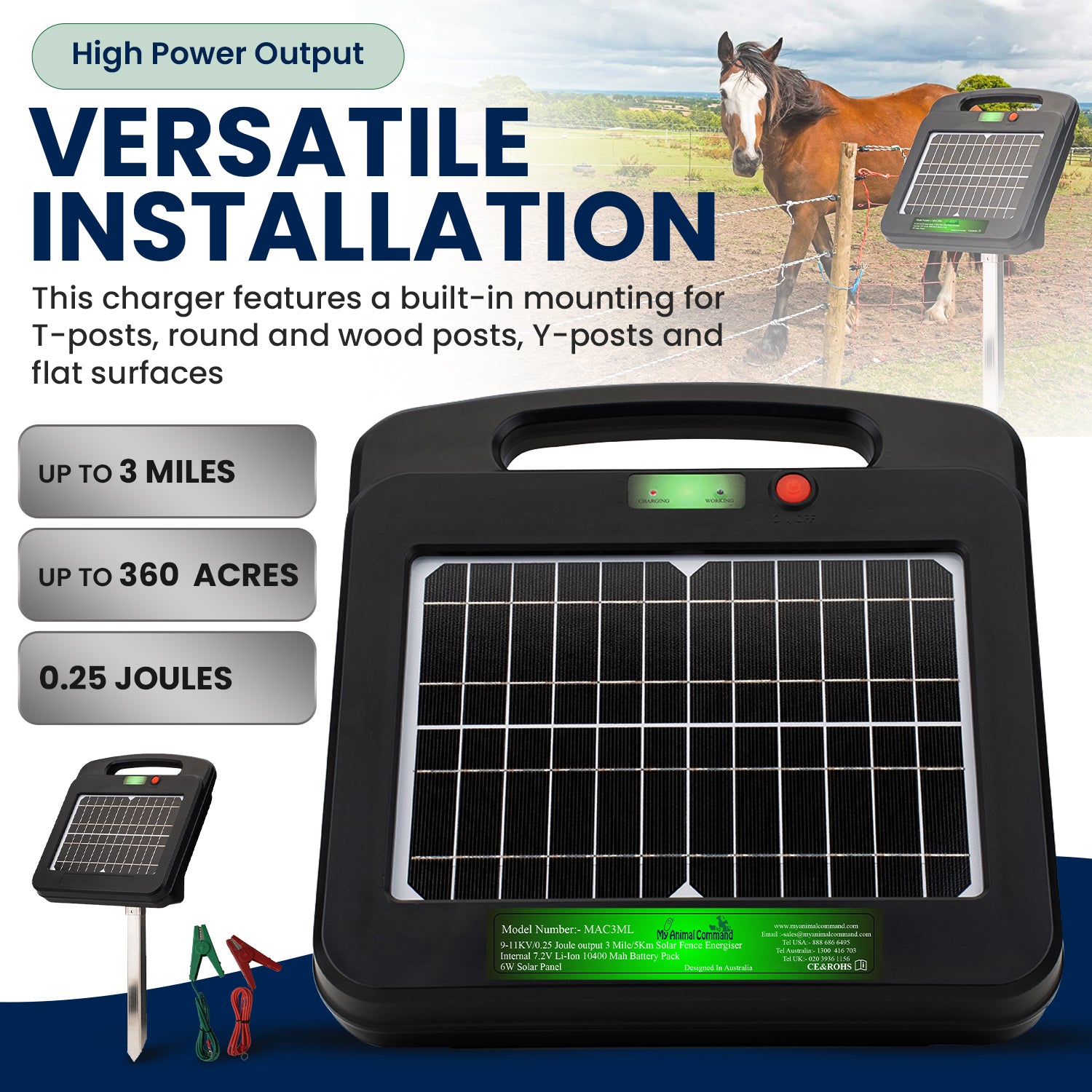 Portable Solar Powered Energiser Charger for Electric Fence 2/3/6 Mile 0.2/0.25/0.5 Joules (9-11KV)