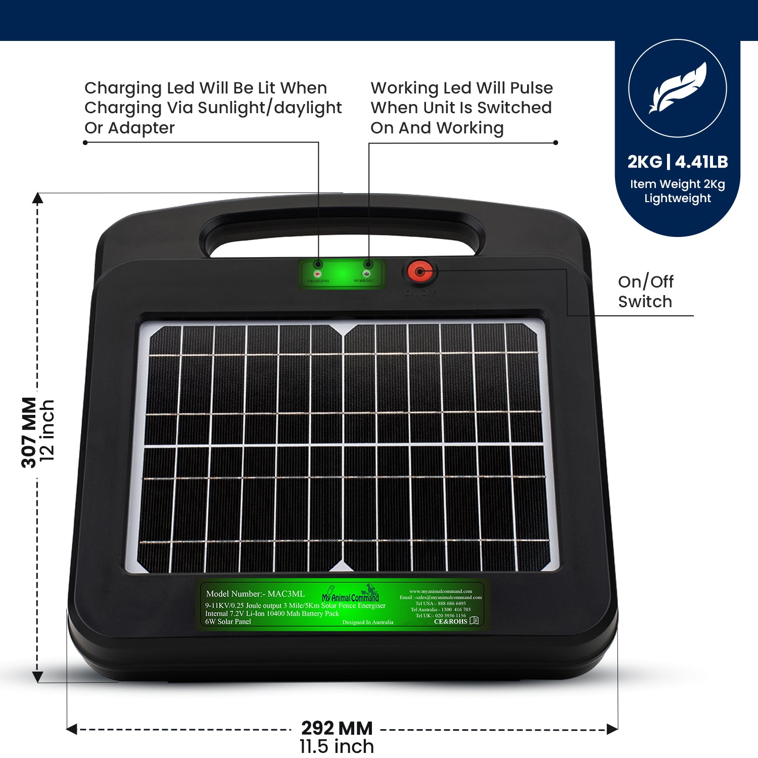 Portable Solar Powered Energiser Charger for Electric Fence 2/3/6 Mile 0.2/0.25/0.5 Joules (9-11KV)