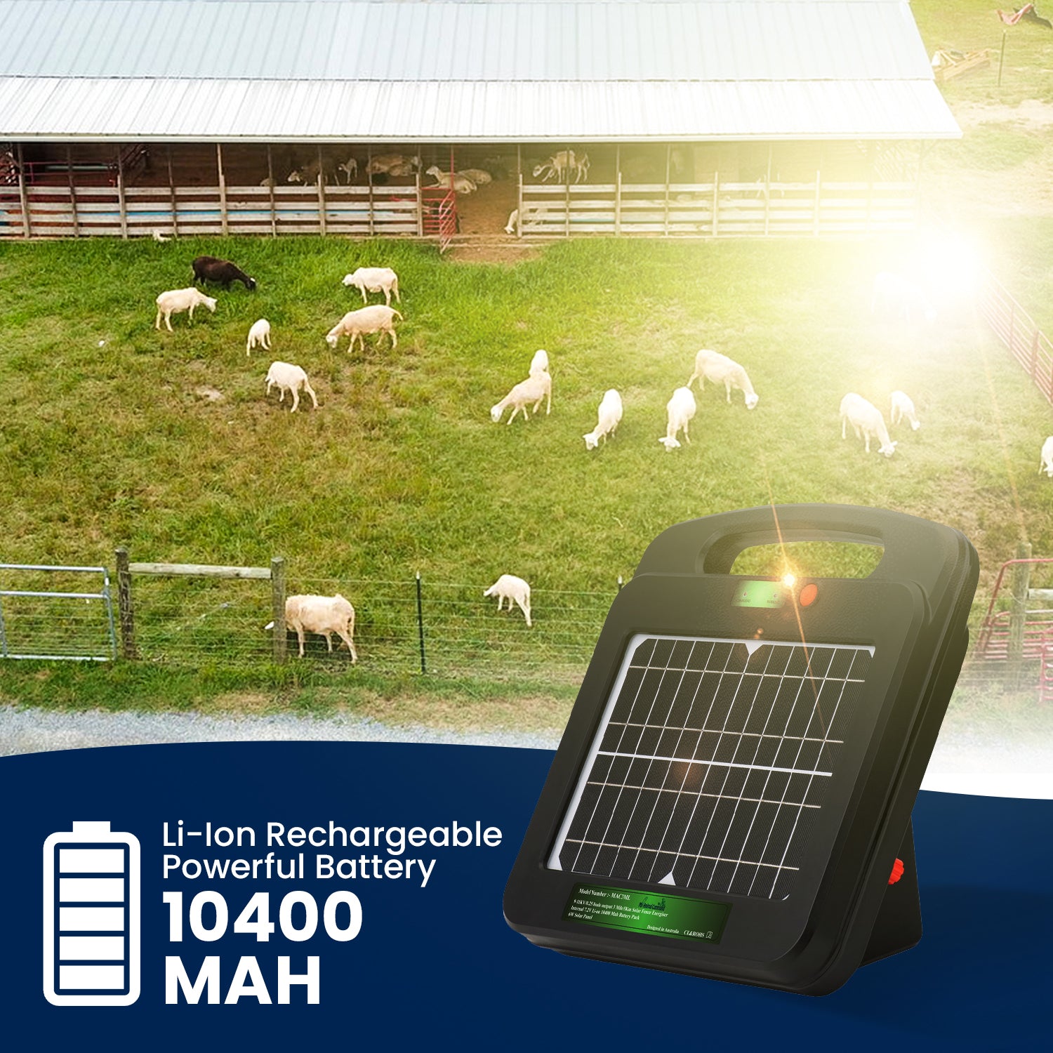 Portable Solar Powered Energiser Charger for Electric Fence 2/3/6 Mile 0.2/0.25/0.5 Joules (9-11KV)